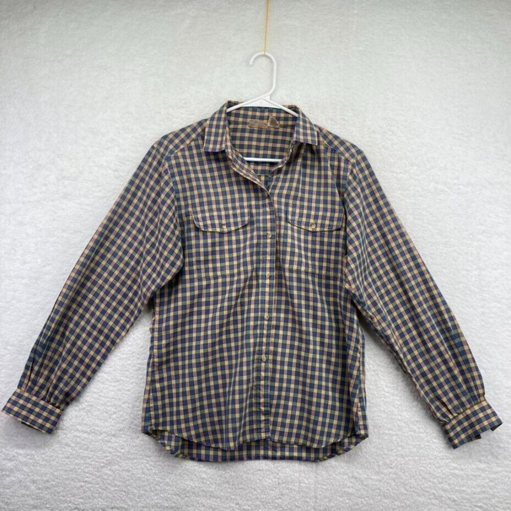 Liz Claiborne Secretary Blouse Sz 12 Vintage 80s Check Blue Green Purple Yellow